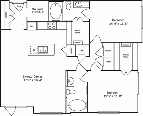 Floor plan for 2 beds, 2 baths, 1185 sqft
